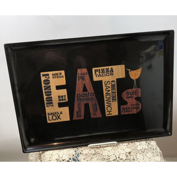 VTG 70’s MCM Couroc Inlaid “EATS”Wood Black Phenolic Tray Snack  18 X 12 Barware - Picture 3 of 10
